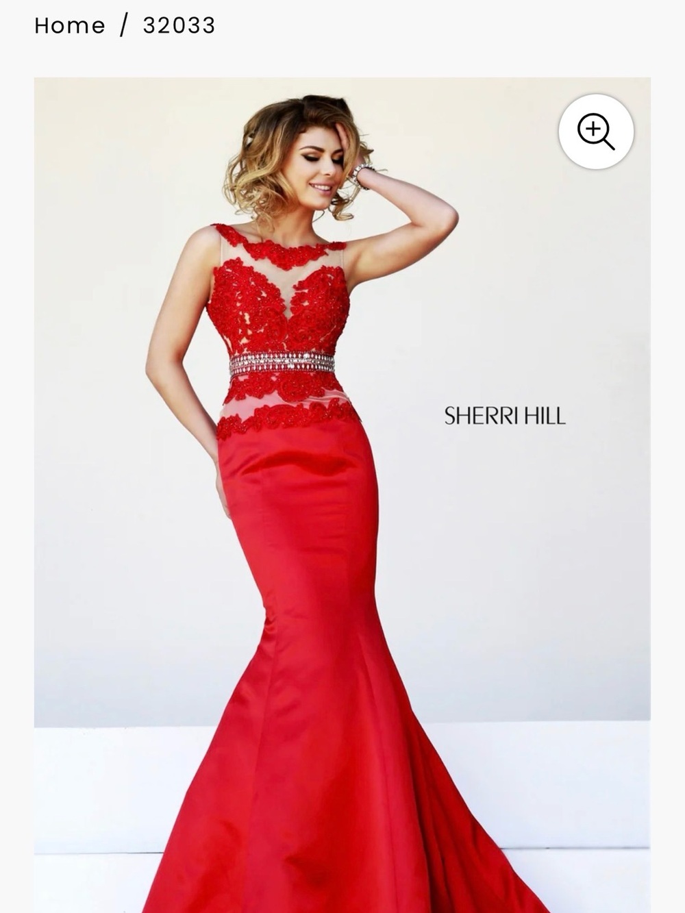 Sherri Hill Red Lace Appliqué Mermaid Prom Gown with Jeweled Waist